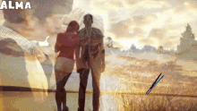 a man and a woman are standing in a field with the word alma above them