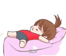 a cartoon of a girl laying on a pink couch with ccv written on the bottom