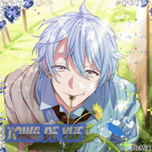 a picture of a boy with a dandelion in his mouth and the words towa de vue in the corner