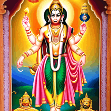 a colorful painting of a deity with many arms holding a torch