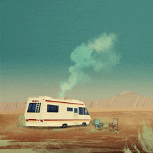 a rv is parked in the desert and smoke is coming out of it