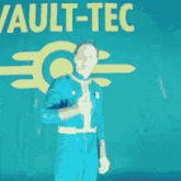 a man giving a thumbs up in front of a sign that says vault-ec
