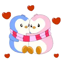 a couple of penguins hugging each other with hearts surrounding them