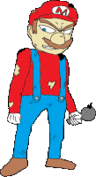 a cartoon drawing of mario holding a microphone and a bomb