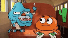 gumball and darwin are sitting next to each other on a bus .