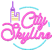 a neon sign that says city skyline in pink