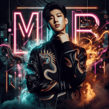 a man in a black jacket with a dragon on it stands in front of a neon sign that says mfp