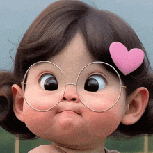 a little girl with glasses and a pink heart in her hair makes a funny face .