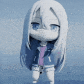 a cartoon character with long white hair is wearing a blue jacket