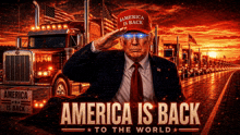 a man in a suit and tie is saluting in front of a truck that says america is back