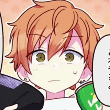 a cartoon character with red hair and green eyes is holding a can of soda .