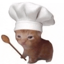 a cat wearing a chef hat and holding a wooden spoon .