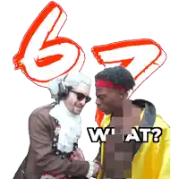 a man in a wig is shaking hands with a man in a yellow cape with the words what written on the bottom