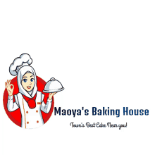 a logo for maoya 's baking house shows a woman in a chef 's hat holding a tray