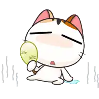 a cartoon cat is holding a fan in its hand