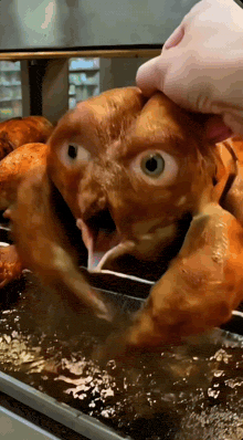 a person is petting a chicken that looks like a monster