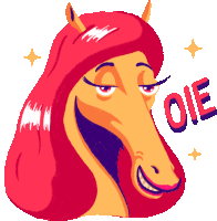 a cartoon drawing of a horse with red hair and the word oie below it