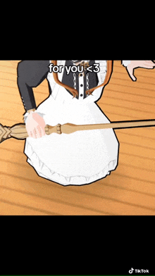 a girl in a maid dress is holding a broom and says for you < 3