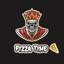 a logo for pizza time with a skull wearing a crown on a black background