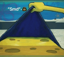 a cartoon drawing of spongebob holding a piece of blue cloth with the words " smd " above it