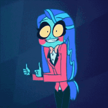 a cartoon character with blue hair and big eyes is wearing a pink jacket and bow tie .