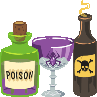 a green bottle of poison sits next to a purple glass