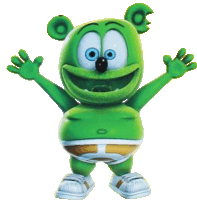 a green gummy bear wearing a diaper and a pair of sneakers