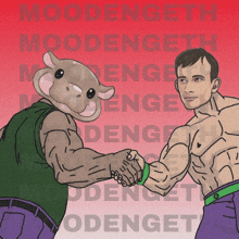 a cartoon of a man and a pig shaking hands with the words moodengeth in the background