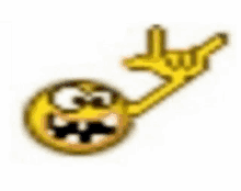 a cartoon smiley face with a yellow hand making a devil horns sign .