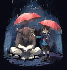 a drawing of a girl holding an umbrella next to a statue of a bull with the words undertale written on the top