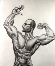 a drawing of a man with glasses flexing his arms