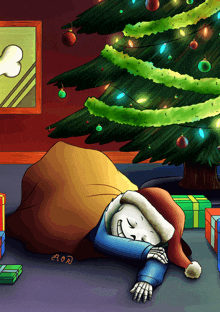 a drawing of a skeleton sleeping under a christmas tree