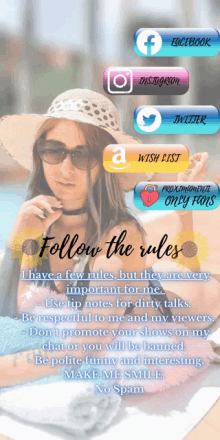 a woman wearing sunglasses and a hat says follow the rules on the bottom