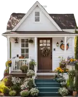 a white house with a brown door and a clock on the wall