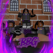 a group of roblox characters standing in front of a brick wall with the word bbg written on the bottom