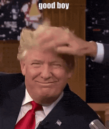 a man in a suit and tie is smiling while someone brushes his hair