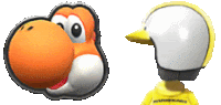 a picture of a yoshi and a picture of a duck with a helmet on their head