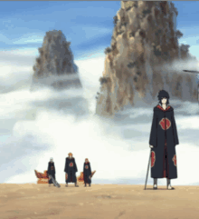 a group of anime characters are standing in front of a cloudy mountain