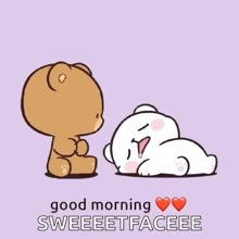 a cartoon of a teddy bear kissing another teddy bear on the cheek on a purple background .