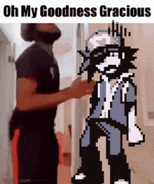 a man standing next to a pixelated character that says oh my goodness gracious on it