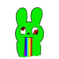 a green rabbit with a rainbow in its mouth