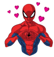 a cartoon of a spiderman making a heart shape with his hands surrounded by pink hearts .