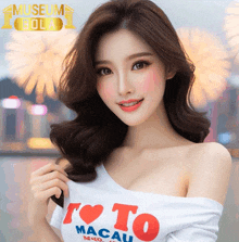 a woman wearing a t-shirt that says i love macau