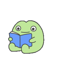 a green frog is reading a book with a blue cover