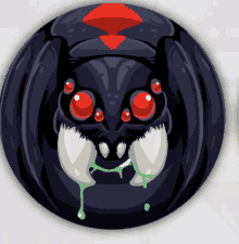 a black circle with a spider on it with red eyes