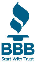 a blue logo that says bbb start with trust on it