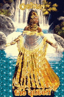 a painting of a woman standing in front of a waterfall with the word queen written on the bottom