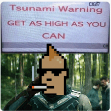 a pixel art of a man smoking next to a tsunami warning sign