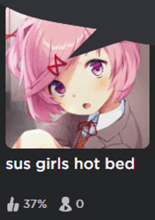 a picture of a girl with pink hair and the words sus girls hot bed on the bottom