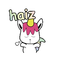 a cartoon unicorn with a pink horn and the word haiz written above it .